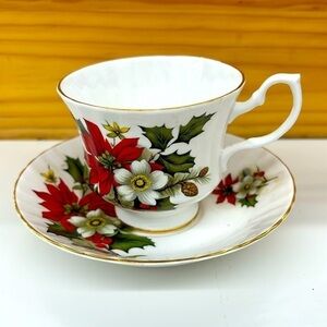 Vintage Bluebird Bone China teacup & Saucer -Poinsettia design / Made in Canada